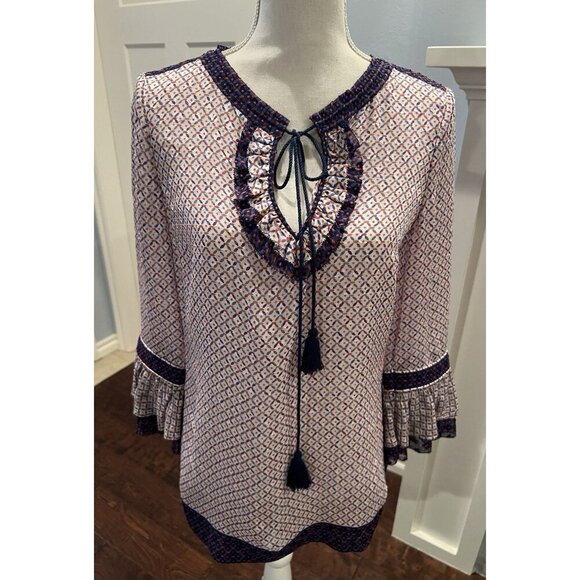TORY BURCH Silk Blend Embroidery Tie-neck Top-Colorful Contrast Blouse SZ XS - Picture 1 of 10